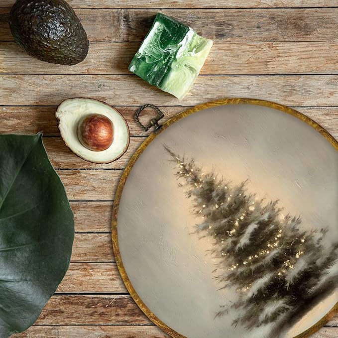 QZQE Vintage Christmas Tree Round Wall Art Decor Framed, Winter Xmas Tree Circle Canvas Prints, Rustic Cozy Winter Cottagecore Circular Wall Hanging Decor for Home Bedroom Living Room, 10x10 Inch
