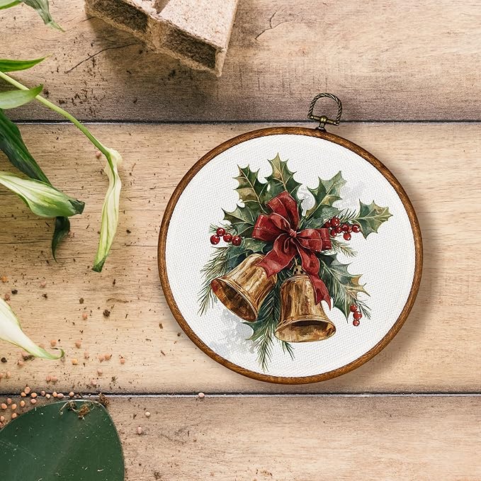 KSDUT Christmas Wall Decor Art - Vintage Xmas Holiday Wall Art Canvas Frame Hanging Prints, Retro Bell Bow Round Wall Art Decor for Home Farmhouse Decorations 10"x10"