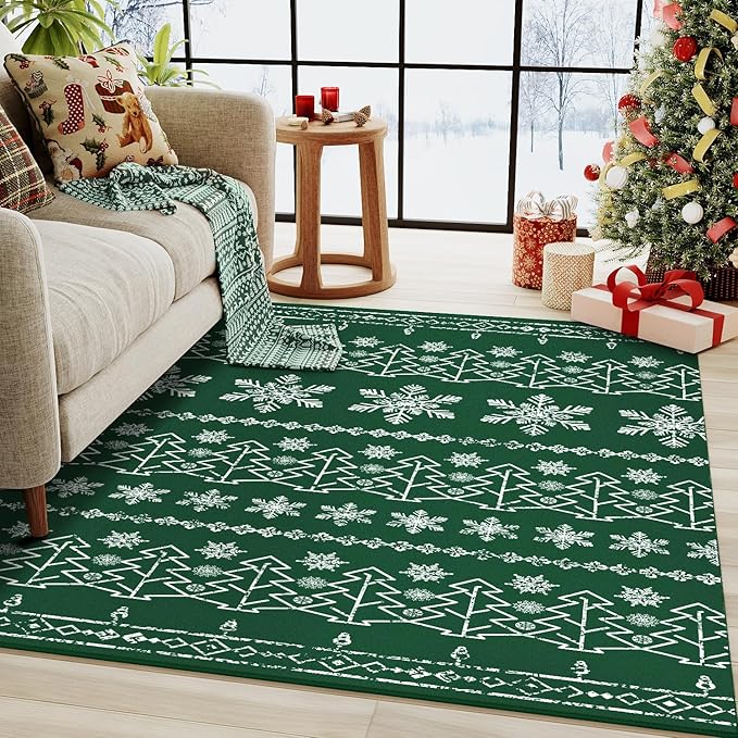Christmas Green Area Rug 3x5 Washable Office Carpet Xmas Snowflake Holiday Decor Doormat Non Slip Soft Low Pile Small Throw Rug Kitchen Living Room Bedroom Entrance Dining Room