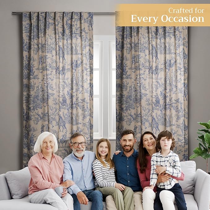 Maison d' Hermine Curtains for Living Room 100% Cotton 108 inch Length One Panel Light Filtering Toile Curtains for Bedroom Windows with Rod and Loop Pockets Drapes (The Miller Blue, 50" W x 108" L)