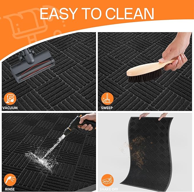 Indoor Outdoor Door Mat, 5’x 3' Doormat for Entryway, Rubber Backing Non Slip Front Door Mat Outside Entrance, Super Absorbent Commercial Floor Mat for Home Office, Black