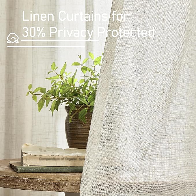 LAMIT Natural Linen Semi Sheer Curtains 45 Inch, Light Filtering Neutral Window Curtains for Bedroom Farmhouse Boho Back Tab and Rod Pocket Panels, Natural Cream Ivory, 2 Panels, 38 x 45 Inch