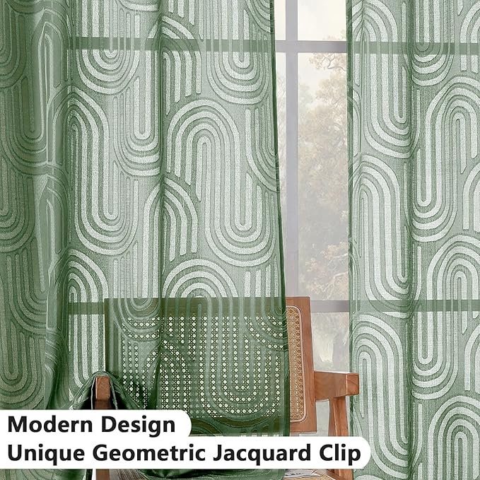Simplebrand Sage Green Sheer Curtains, 42W x 45L Inches, 2 Panels, Geometric Mid Century Jacquard Clip Textured, Light Filtering, Rod Pocket, Bedroom, Living Room