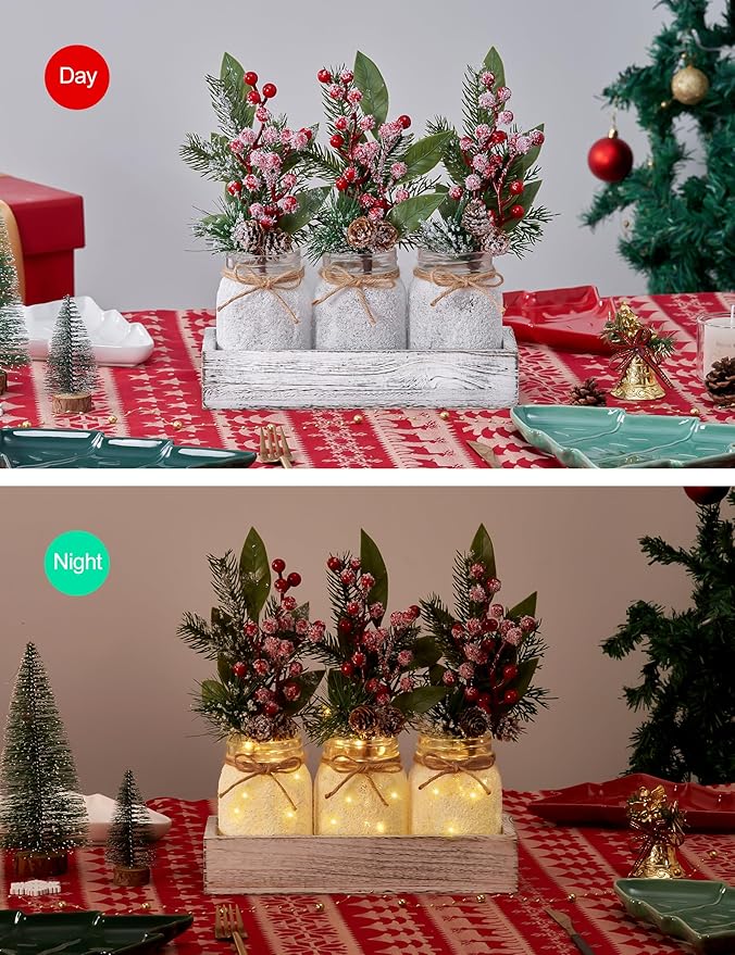 Christmas Centerpieces for Tables, Table Decor with Mason Jar, Flowers Picks, Farmhouse Wood Tray, Christmas Winter Table Decorations Centerpieces, Xmas Holiday, Kitchen, Room, Dining Decor