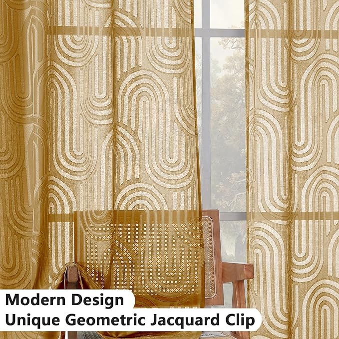 Simplebrand Sheer Gold Curtains 72 Inches Long 2 Panels for Window, Geometric Mid Century Light Filtering Semi Sheer Curtains for Front Back Patio Glass Door with Rod Pocket, 42" Wx72 L