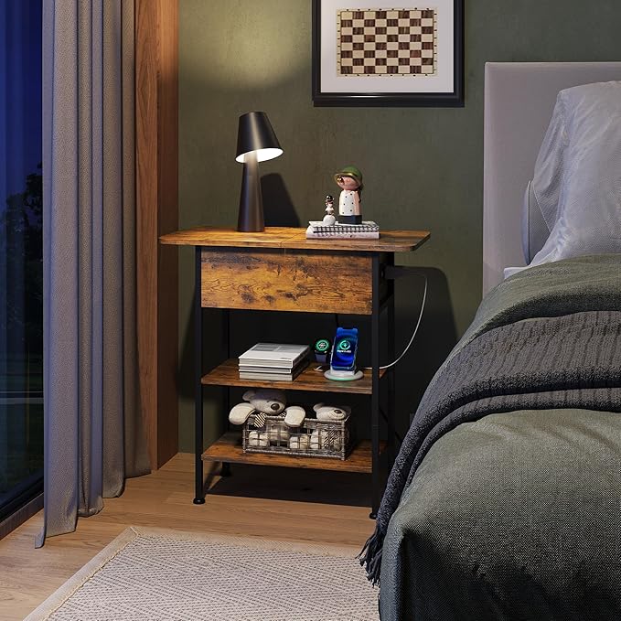 WLIVE End Table with Charging Station, Flip Top Side Table with Storage Shelf, Sofa Couch Table with USB Ports and Outlets, Narrow Bedside Table for Living Room, Bedroom ,11.81"D x 23.62"W x 24.33"H
