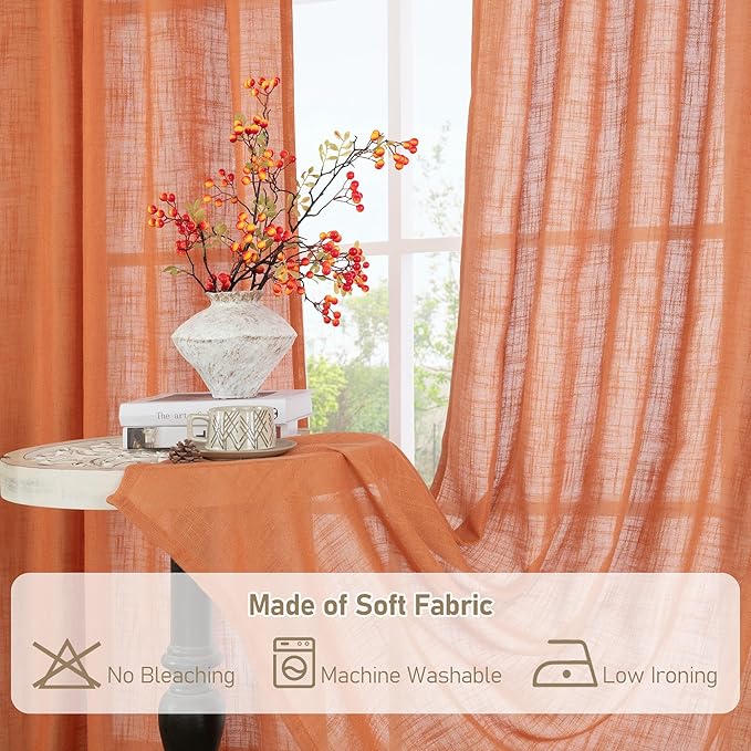 LAMIT 54 Inch Semi Sheer Window Linen Curtains, Light Filtering Panels Back Tab and Rod Pocket Country Decor Drapes for Bedroom/Farmhouse, Burnt Orange, 2 Panels, 34 x 54 Inch