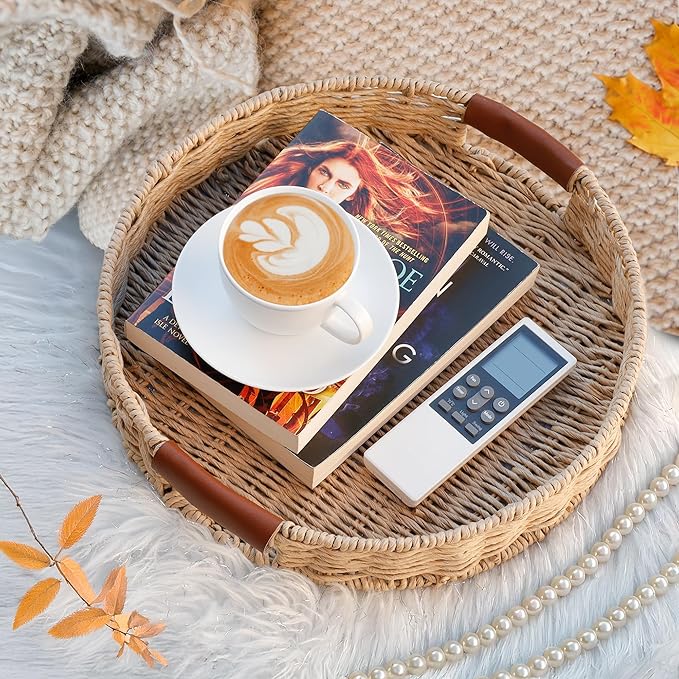 Rattan Organizer with Leather Handles – Decorative Wicker for Home Decor – Versatile Storage & Serving Solution for Kitchen and Living Room (Round-14IN)