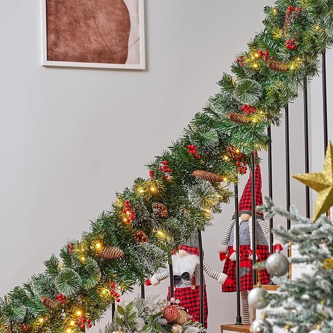 Joiedomi 9FT Christmas Garland Prelit with 50 Count String Lights, Bristle, Pine Cones, Holly Berries for Outdoor & Indoor Winter Christmas and Holidays Decorations, Plug in Lighted Pine Garland