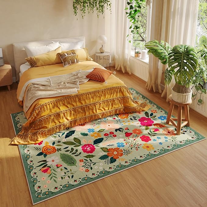 Rugcomf Area Rugs 9x12 Living Room Clearance Washable Boho Rug Non Slip Floral Vintage Low Pile Large Rug for Living Room, Bedroom, Farmhouse, Dining Room, Kids Playroom(Green)