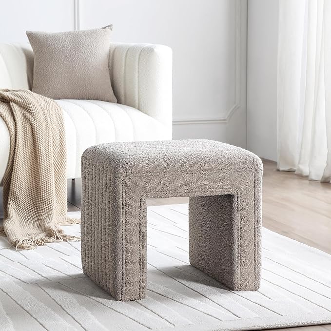 Get Set Style Vanity Stool Chair,Modern Boucle Ottoman Foot Stool with Wooden Legs Sofa Bench Footstool Extra Seat for Vanity,Makeup Room,Living Room,Entryway,Office (Fully Assembled)