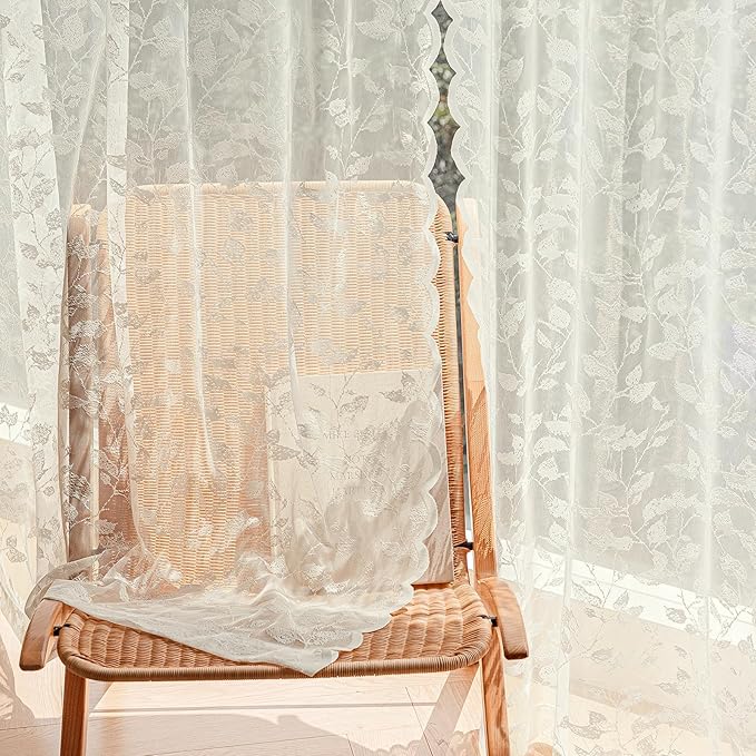 Ivory Lace Semi-Sheer Curtains – Vintage Leaves Pattern Lace for Bedroom/Bathroom, Light Filtering Rod Pocket Drapes, Privacy Chic Window Treatments Scalloped Hem, 52W x 72L Inch, 2-Panel Set
