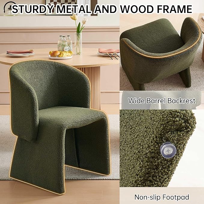 Modern Dining Chair Green Upholstered Barrel Home Kitchen Chair with Metal Frame, Comfy Accent Chair Teddy Velvet Single Sofa Chairs for Living Room,Bedroom