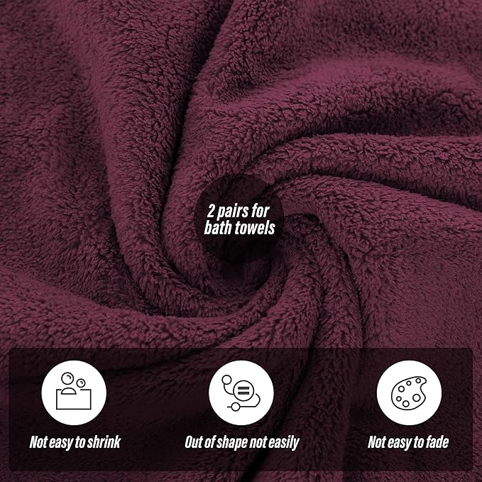 MOONQUEEN 2 Pack Premium Bath Towel Set - Quick Drying - Microfiber Coral Velvet Highly Absorbent Towels - Multipurpose Use as Bath Fitness, Bathroom, Shower, Sports, Yoga Towel (Burgundy)