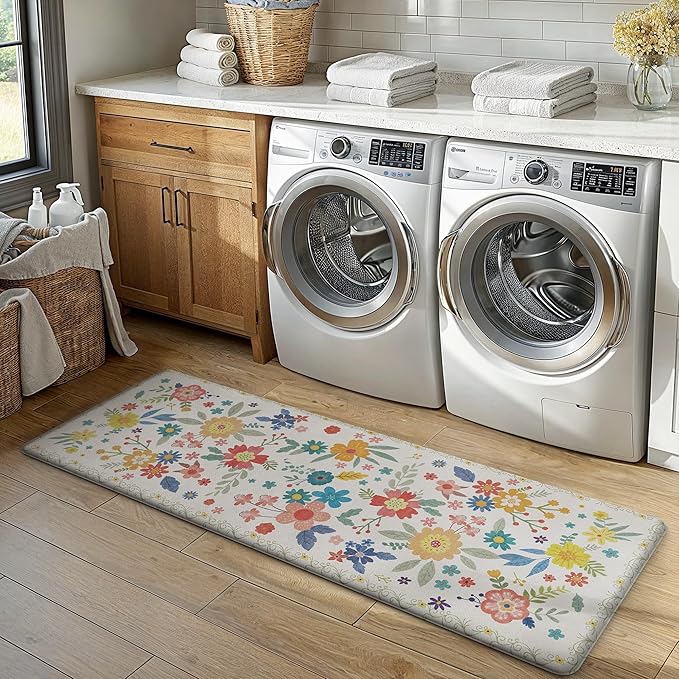 GENIMO Kitchen Mats for Floor 2PCS, Cushioned Kitchen Rugs Non Slip Washable, Farmhouse Anti Fatigue Mat Waterproof, Comfort Standing Mat Rug for Office, Home, Laundry, 17.3"x59"+17.3"x30", SoftWhite
