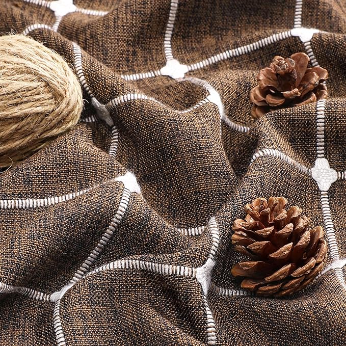 MitoVilla 72 x 84 Brown Boho Extra Long Shower Curtain, Farmhouse 84 inch XL Polyester Linen Texture Tassel Fabric Shower Curtain Set with Hooks for Cottagecore Country Bathroom Decor