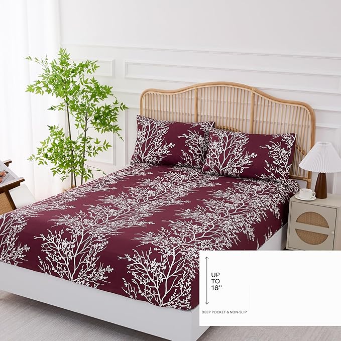 Spirit Linen home Twin Sheets Sets - Pure Microfiber 3 Piece Polyester Bed Sheets, Fitted Sheet & Pillow Cases - Twin Sheets for All Seasons (Foliage Burgundy/White, Twin/Twin XL)