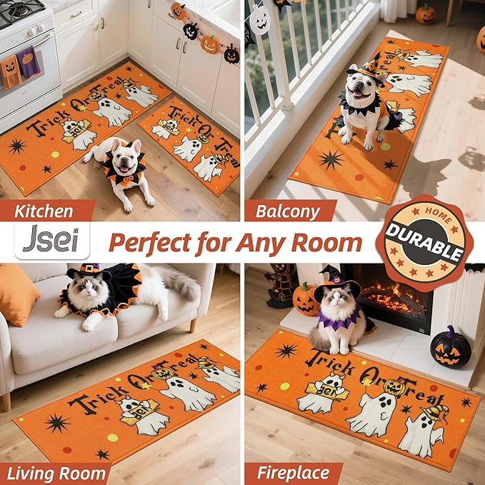 JSEI Halloween Holiday Kitchen Mats for Floor, Non-Slip Ghost and Pumpkins Decorative Kitchen Rugs Set of 2, Home Decor Low-Profile Kitchen Runner Rug Washable, 17"x30"+17"x48", Flying Ghosts Pattern
