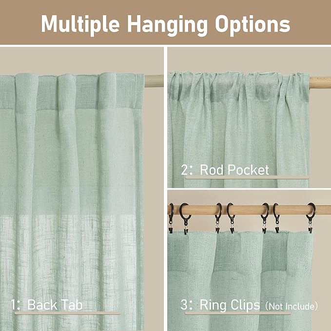 LAMIT Small Window Linen Curtains 45 Inch Length, Light Filtering Panels Back Tab and Rod Pocket Neutral Drapes for Cafe/Bathroom/Loft Room, Light Sage, 2 Panels, 34 x 45 Inch