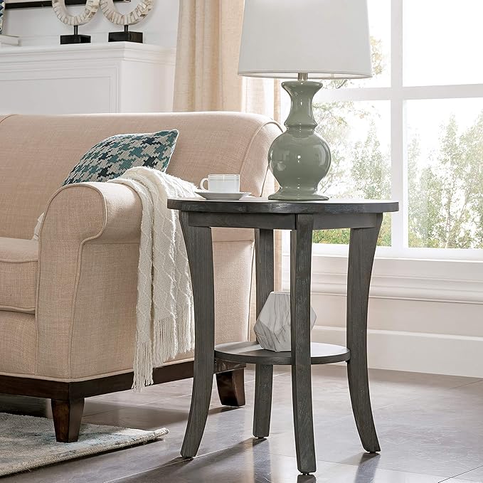 Leick Home 10302-RG Rustic Wire Brushed Driftwood Round Side Table with Shelf, Rustic Gray