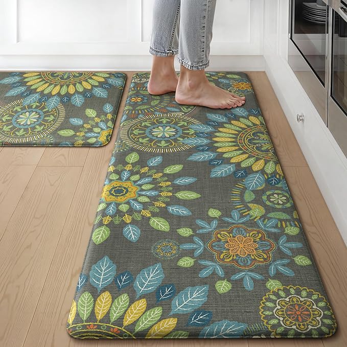GENIMO Kitchen Mats for Floor 2PCS, Cushioned Kitchen Rugs Non Slip Washable, Farmhouse Anti Fatigue Mat Waterproof, Comfort Standing Mat Rug for Office, Home, Laundry, 17.3"x47"+17.3"x30", Green