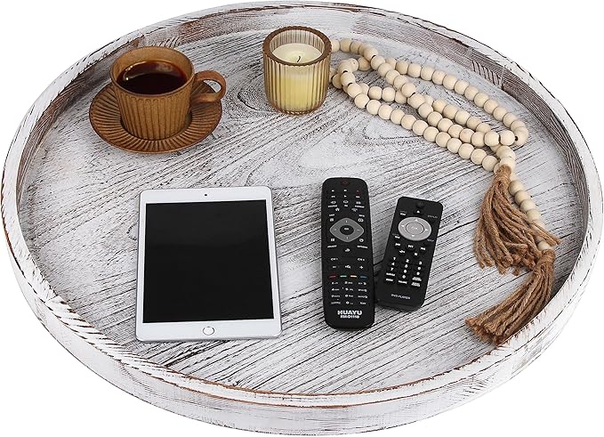 Extra Large Round Ottoman Table Tray Round-24 - Rustic Wooden Serving Tray for Farmhouse Decorative Oversized Coffee Table Trays Living Room Kitchen Counter Breakfast Whitewash