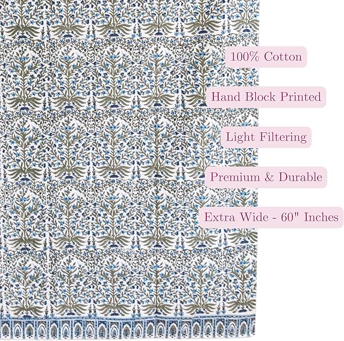 ATOSII 100% Cotton Single Panel Floral Block Print Curtain, Easy Hanging with Rod Pocket & Loop, Living Room, Dining Room, Bedroom Light Filtering Boho Curtains, Set of 1, 60" W X 108" L, Nargis Blue