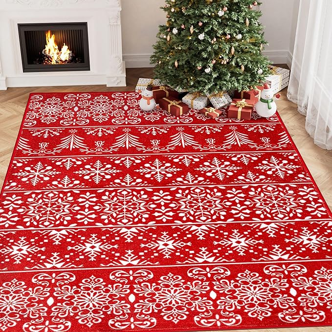 4x6 Area Rug Red Christmas Office Carpet Xmas Holiday Decor Doormat Snowflake Washable Non Slip Indoor Kitchen Accent Rug Decorative for Entryway Dining Room Kitchen