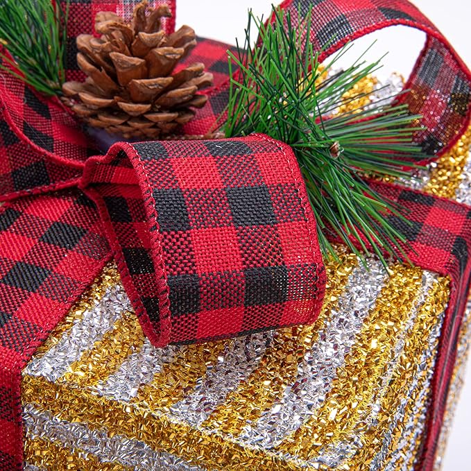 Sunnyglade 10"-8"-6" Set of 3 Christmas Lighted Gift Boxes Decoration Boxes with Plug, Bows, Artificial Pine Leaves and Pine Cones for Christmas, Weddings Yard Home Holiday Art Decoration