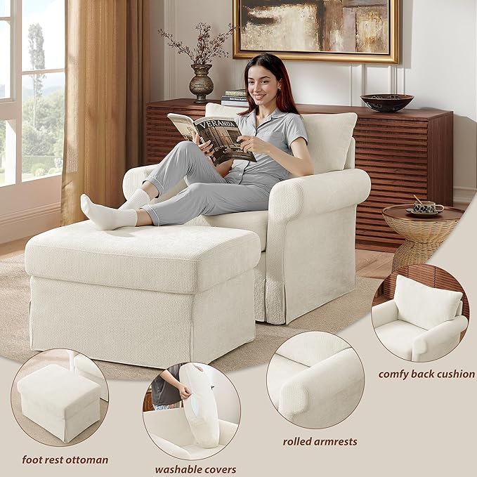 Modern Living Room Chairs with Ottoman, Comfy Chenille Reading Armchair with Rolled Arms and Cushion Backrest, 35.8" W Oversized Chaise Lounge Chair for Bedroom, Study, Apartment, Beige