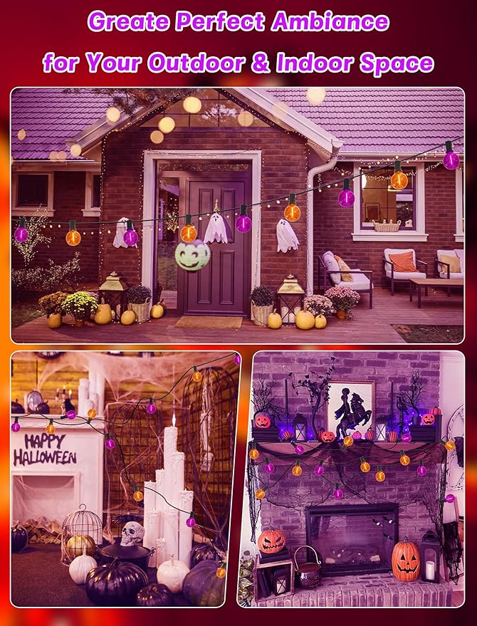 SUNSGNE G40 LED Outdoor Halloween String Lights 25FT Globe String Lights with 27 LED Shatterproof Clear Orange Purple Lights(2 Spare) for Patio Balcony Backyard Pergola Decor