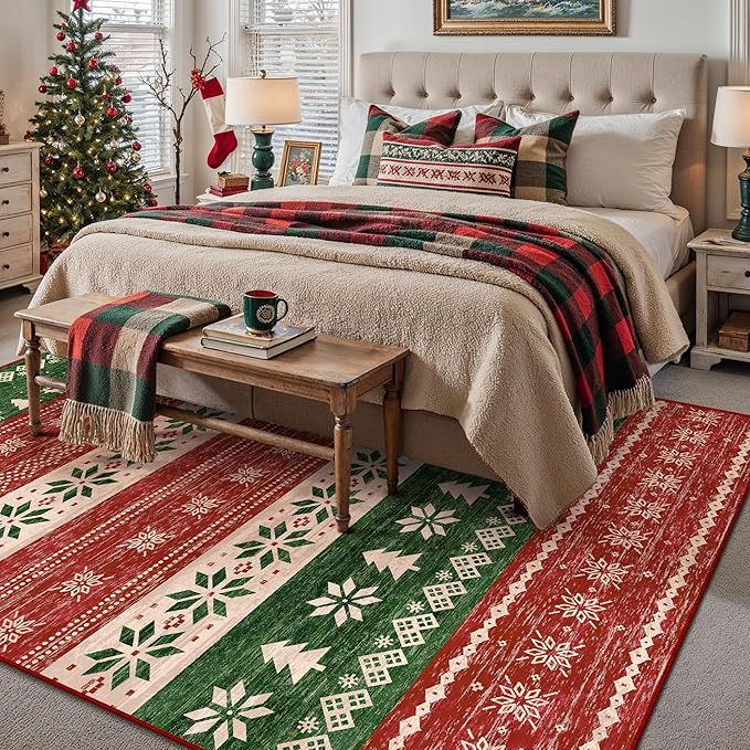 Christmas Red 5x7 Area Rug Washable Living Room Carpet Snowflake Holiday Decor Office Rug Decorative Xmas Non Slip Soft Low Pile Boho Carpet Kitchen Bedroom Dining Room Playroom