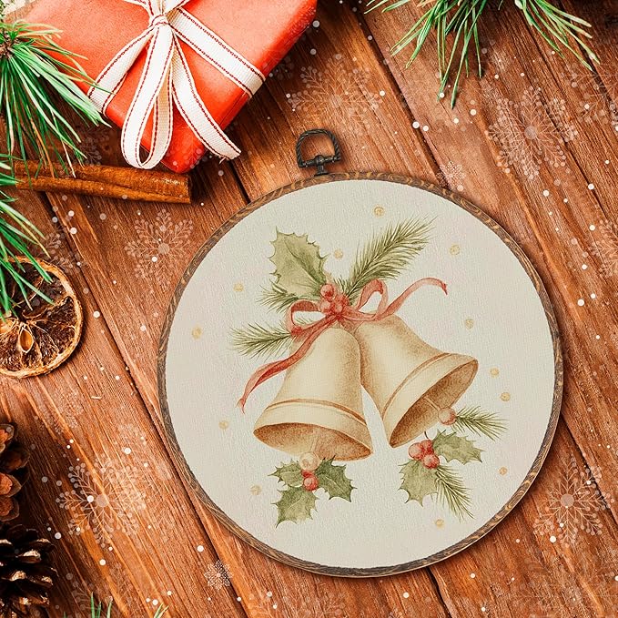 Hxlac Vintage Christmas Bells Round Wall Art Framed, Rustic Christmas Round Wall Decor, Cottagecore Winter Hanging Canvas Prints Sculptures for Farmhouse Home Living Room Decor, 10x10 Inch