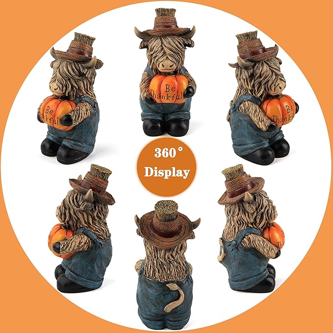 Highland Cow Statue Thanksgiving Harvest Autumn Decor Holding Pumpkin, Fall Autumn Figurine for Indoor Shelf Bookshelf Table Desk windowsill and Home Decor, Be Thankful