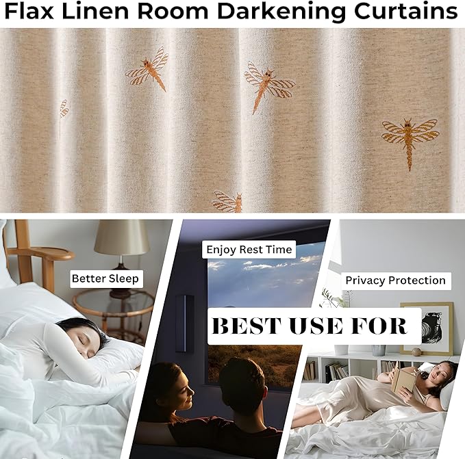 Natural Flax Linen Curtains 50x96 Inch –Brown Taupe with Dragonfly Embroidery, Room Darkening for Bedroom & Living Room