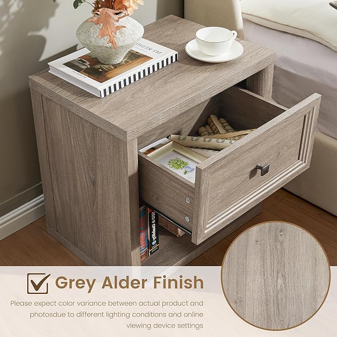 Farmhouse Night Stand Set of 2, Grey Nightstands with Drawer Storage, Wood Large Side Tables End Table, 22.6" Wide Bedside Tables Night Stands for Bedroom Room Sofa Couch Office