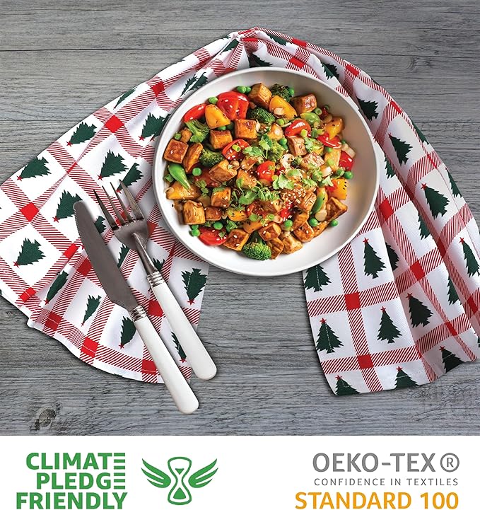 Urban Villa Christmas Kitchen Towels Christmas Tree Print Premium Quality 100% Cotton Dish Towels Mitered Corners Ultra Soft (Size: 20X30 Inches) Highly Absorbent Bar Towels & Tea Towels - (Set of 6)