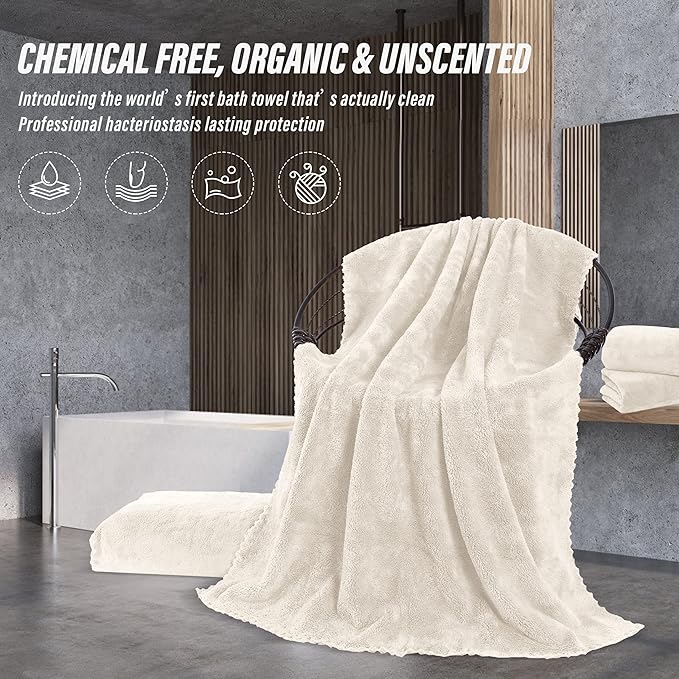 MOONQUEEN 2 Pack Premium Bath Towel Set - Quick Drying - Microfiber Coral Velvet Highly Absorbent Towels - Multipurpose Use as Bath Fitness, Bathroom, Shower, Sports, Yoga Towel (Cream)