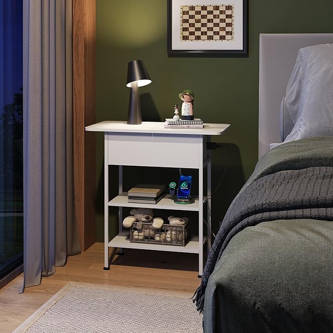 WLIVE End Table with Charging Station, Flip Top Side Table with Storage Shelf, Sofa Couch Table with USB Ports and Outlets, Narrow Bedside Table for Living Room, Bedroom ,11.81"D x 23.62"W x 24.33"H