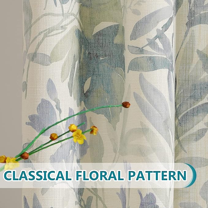 MYSKY HOME Sage Green Curtains 84 Inch Length Light Filtering Privacy Protect Drapes for Living Room Bedroom Flower Printing Window Treatment Grommet 2 Panels,Sage and Natural