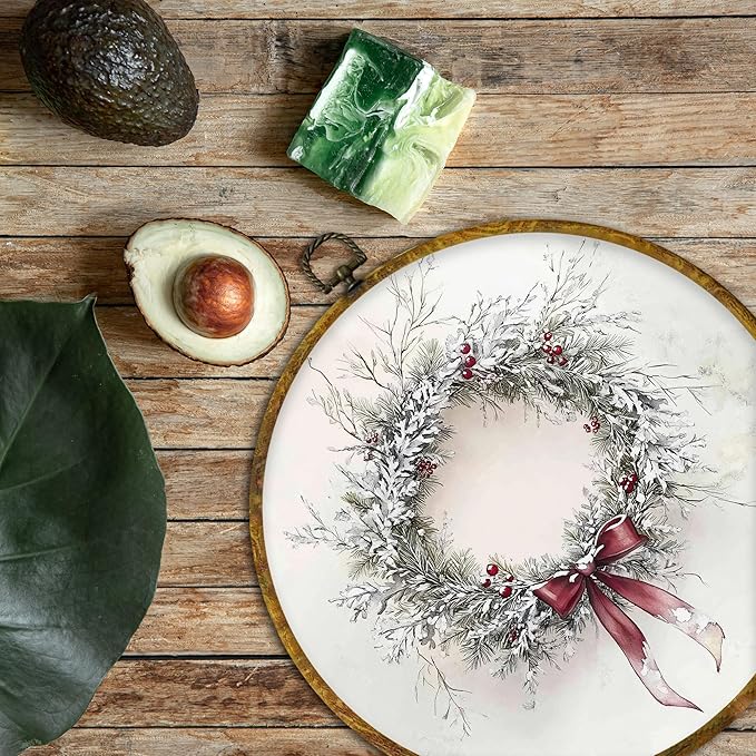 QZQE Vintage Christmas Wreath Round Wall Art Decor Framed, Winter Snowy Country Circle Canvas Prints, Cozy Xmas Winter Holiday Circular Wall Hanging Decor for Home Bedroom Living Room, 10x10 Inch