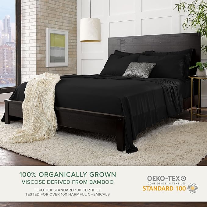 King Sheets by Pure Bamboo, Genuine 100% Organic Viscose Derived from Bamboo Bed Sheet Set, Luxuriously Soft & Cooling, Double Stitching, Lifetime Quality Promise (King, Black)