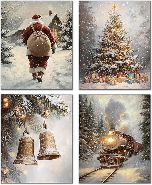 DOFQZ Winter Christmas Wall Art Prints Set of 4, Christmas Home Room Decor, Winter Snowy Xmas Train Santa Bell Pine Tree Posters for Home Bedroom Living Room Decor, 8x10 Unframed