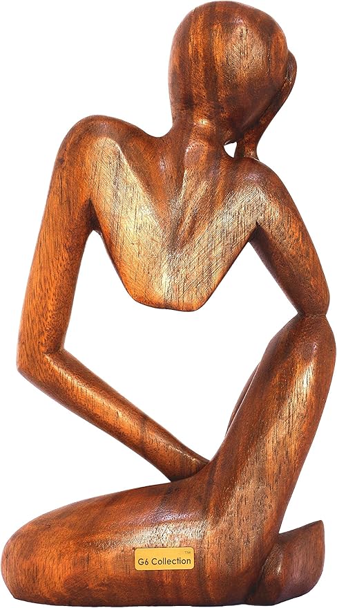 12" Wooden Abstract Thinker Statue, Hand Carved Thinking Man Figurine, Modern Minimalist Sculpture, Handmade Home Decor Accent Gift (Brown)