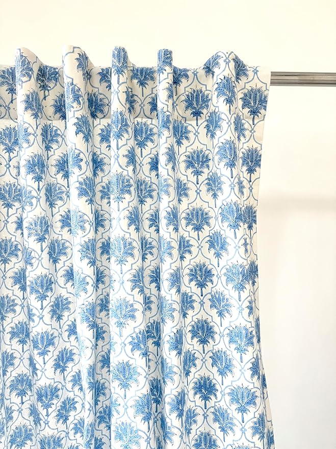 ATOSII 100% Cotton Single Panel Block Print Curtain, Easy Hanging with Rod Pocket & Loop, Living Room, Dining Room, Bedroom Light Filtering Boho Curtains, Set of 1, 60" W X 108" L, Padma Blue