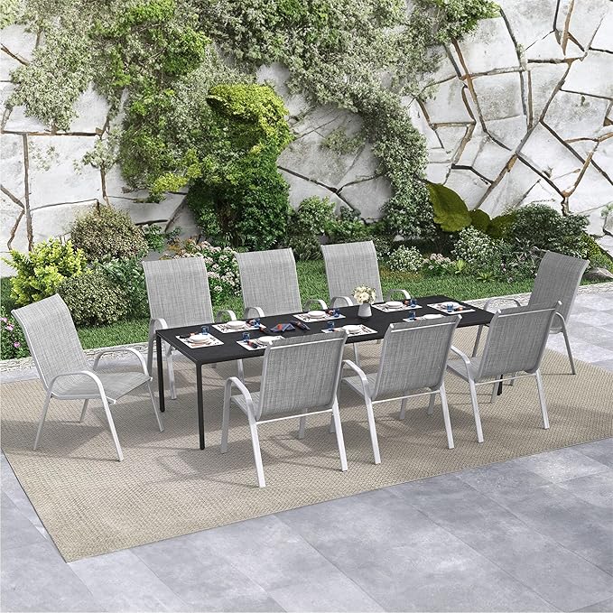 Amopatio Patio Chairs Set of 8, Outdoor Stackable Dining Chairs for All Weather, Comfortable Breathable Garden Outdoor Furniture for Backyard Deck, Grey & White