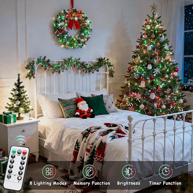 JMEXSUSS 2 Pack Red White and Green Christmas Lights Battery Operated, Each 33ft 100 LED Battery String Lights with Remote, Christmas String Lights for Tree Bedroom Porch Garland Yard Xms Decor