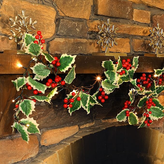 Juegoal 2 Pack Christmas Garlands, 6.5FT Pre-lit Red Berries & Holly Leaves Garland, Artificial Lighted Garland Battery Operated with Timer, Indoor Outdoor Fireplace Gate Home Winter New Year Decor