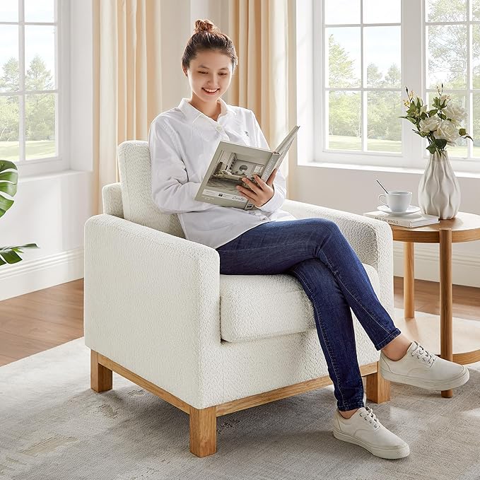 Accent Chair 29.5" Reading Chair, Modern Living Room Chair with Thick Cushion&Wood Base, Comfy Upholstered Boucle Armchair, Single Sofa for Bedroom, Office, White