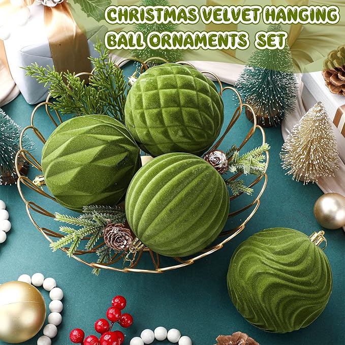 4 Pcs 4 Inch Large Velvet Christmas Ball Ornaments Vintage Christmas Plastic Ball Ornaments Flocked Tree Hanging Decoration for Xmas Party Wedding Home Decor(Olive Green)